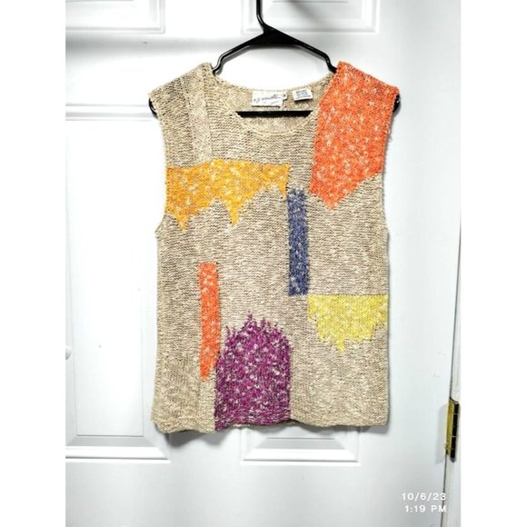 r.g. Arnold Vintage 80's Linen Blend Crochet Tank Top Colorblock Women Medium - Picture 2 of 9